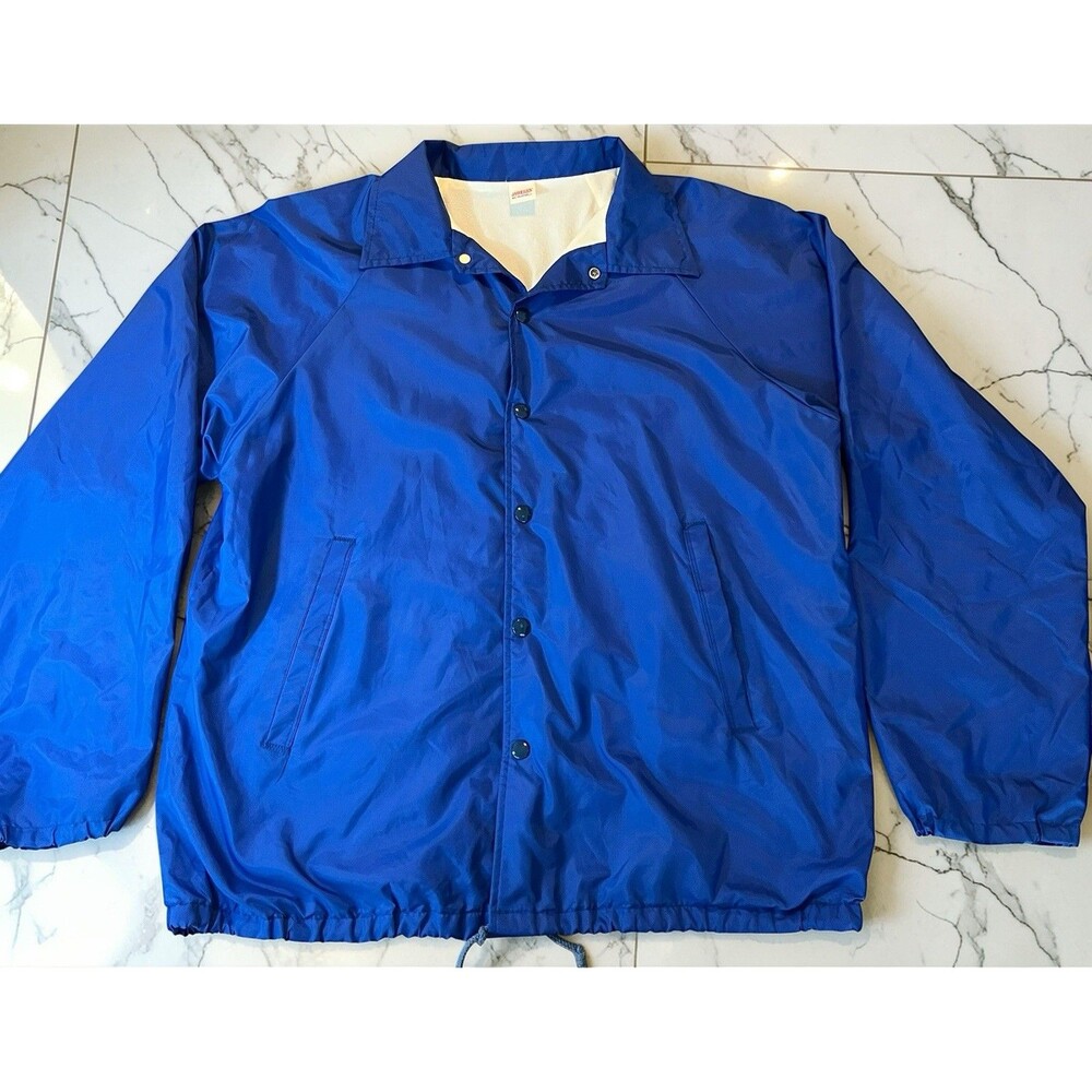 Vintage Jerzees Coach Jacket Blue Snap Button Nylon Fleece Lined Mens Large